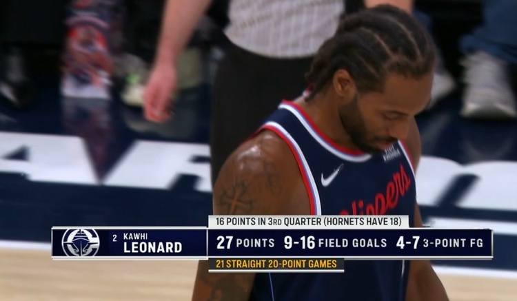 NBA直播-机器人！伦纳德半节独得16分 完成连续21场得分20+
